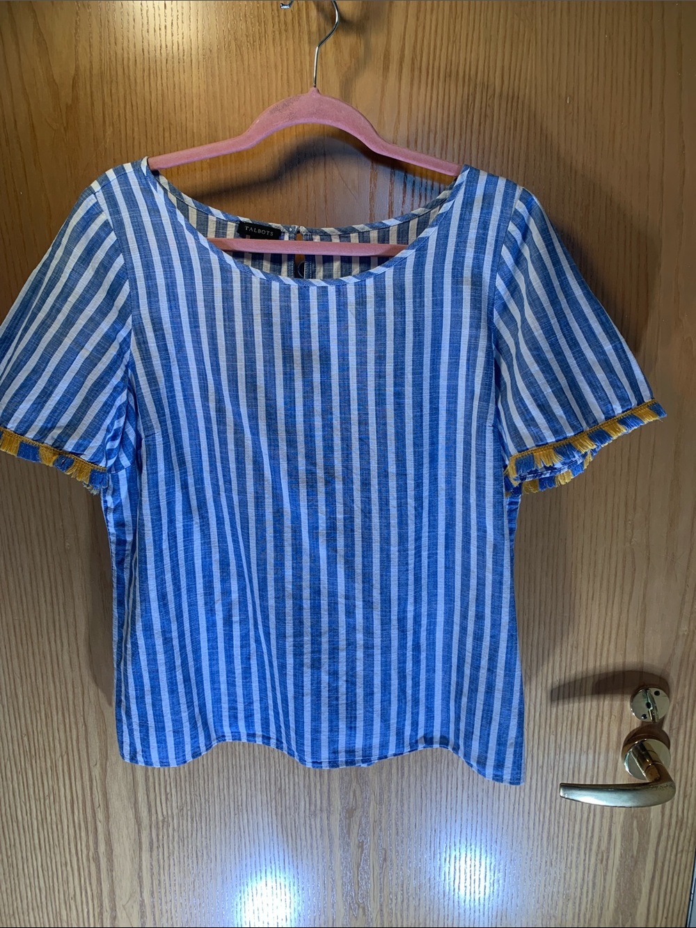Talbots 100% Cotton Blue/White Vertical Stripe Top w/ Mustard Yellow Fringe - L